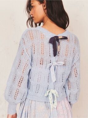 Loveshackfancy Eugenia Wool and Mohair Blend Blue Pointelle Pullover Sweater